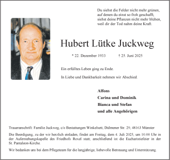 Anzeige von Hubert Lütke Juckweg 