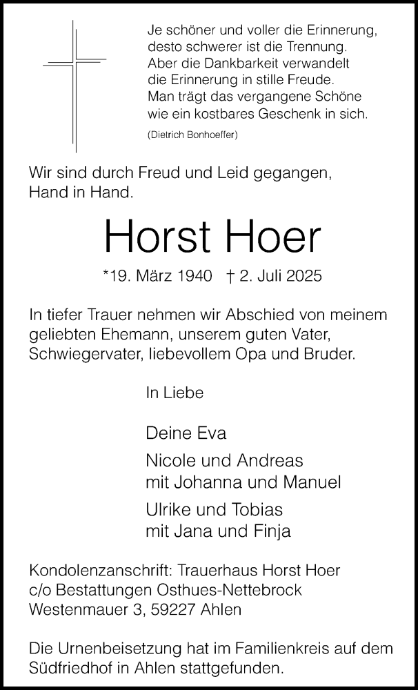  Traueranzeige für Horst Hoer vom 16.07.2025 aus 
