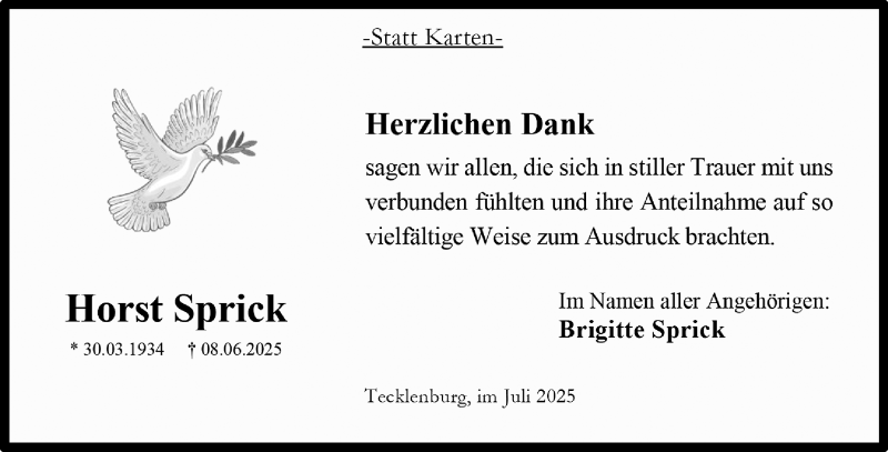  Traueranzeige für Horst Sprick vom 26.07.2025 aus 