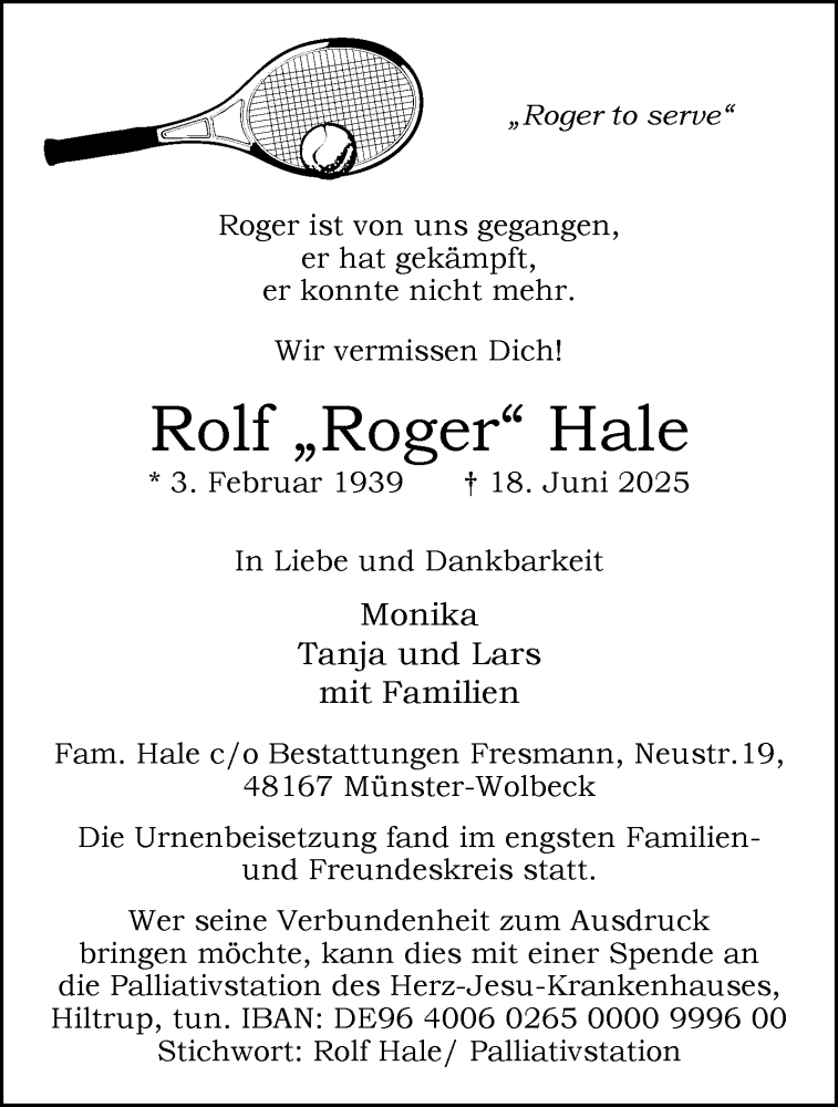  Traueranzeige für Rolf Hale vom 16.07.2025 aus 
