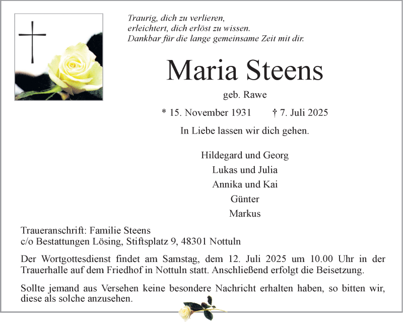  Traueranzeige für Maria Steens vom 10.07.2025 aus 