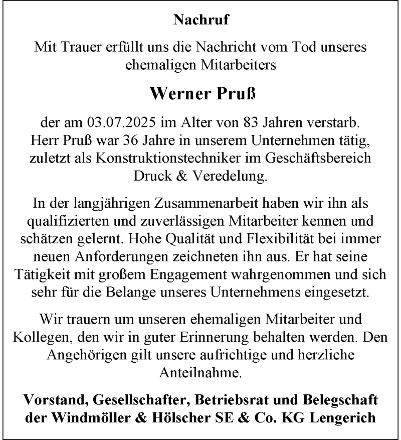  Traueranzeige für Werner Pruß vom 22.07.2025 aus 
