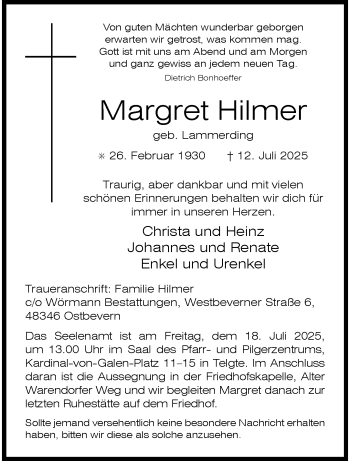 Anzeige von Margret Hilmer 