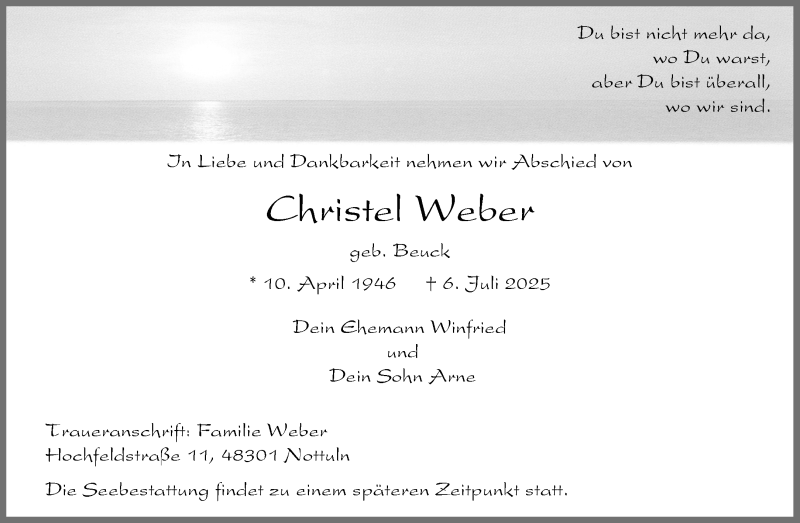  Traueranzeige für Christel Weber vom 12.07.2025 aus 
