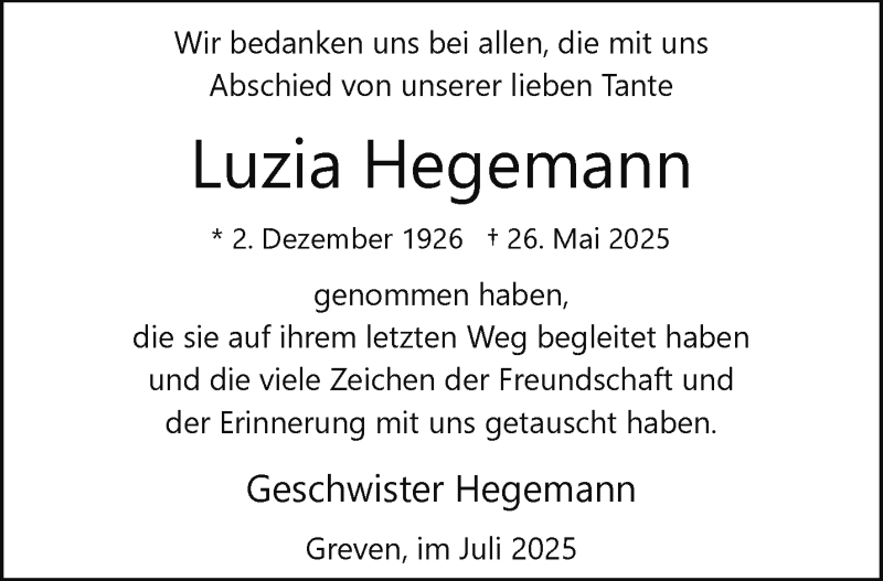  Traueranzeige für Luzia Hegemann vom 19.07.2025 aus 