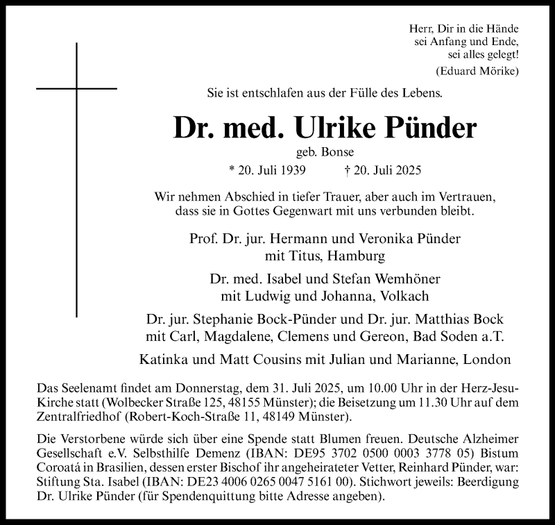  Traueranzeige für Dr. med. Ulrike Pünder vom 26.07.2025 aus 