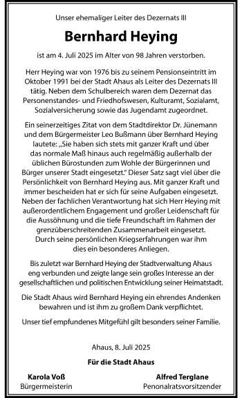 Anzeige von Bernhard Heying 