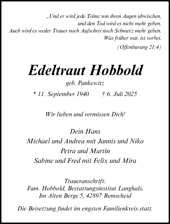 Anzeige von Edeltraut Hobbold 