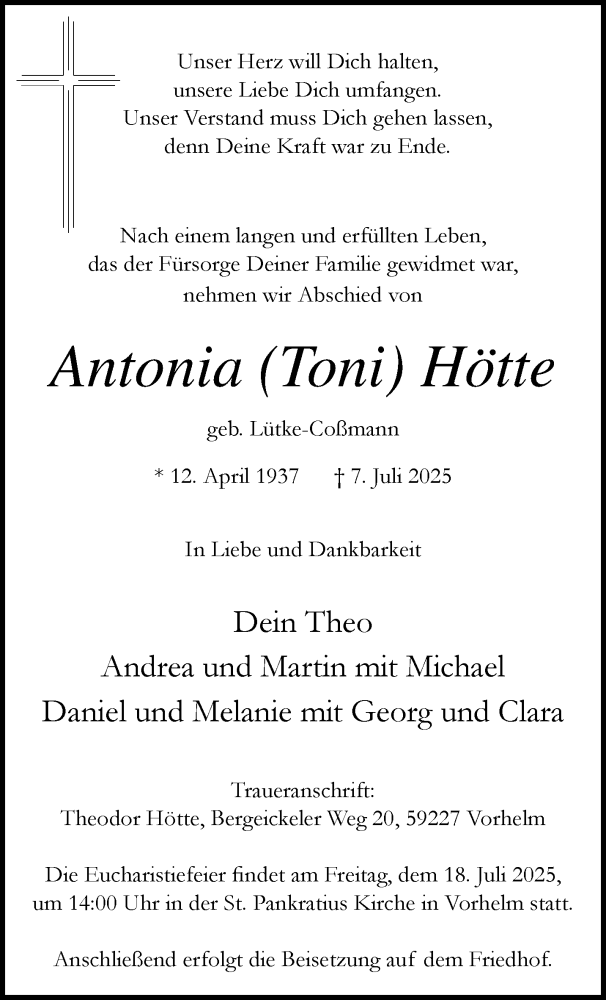  Traueranzeige für Antonia Hötte vom 12.07.2025 aus 