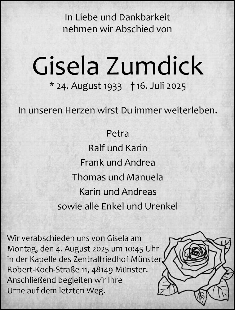  Traueranzeige für Gisela Zumdick vom 19.07.2025 aus 