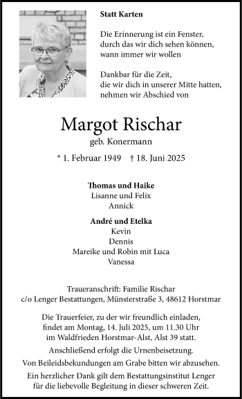Anzeige von Margot Rischar 