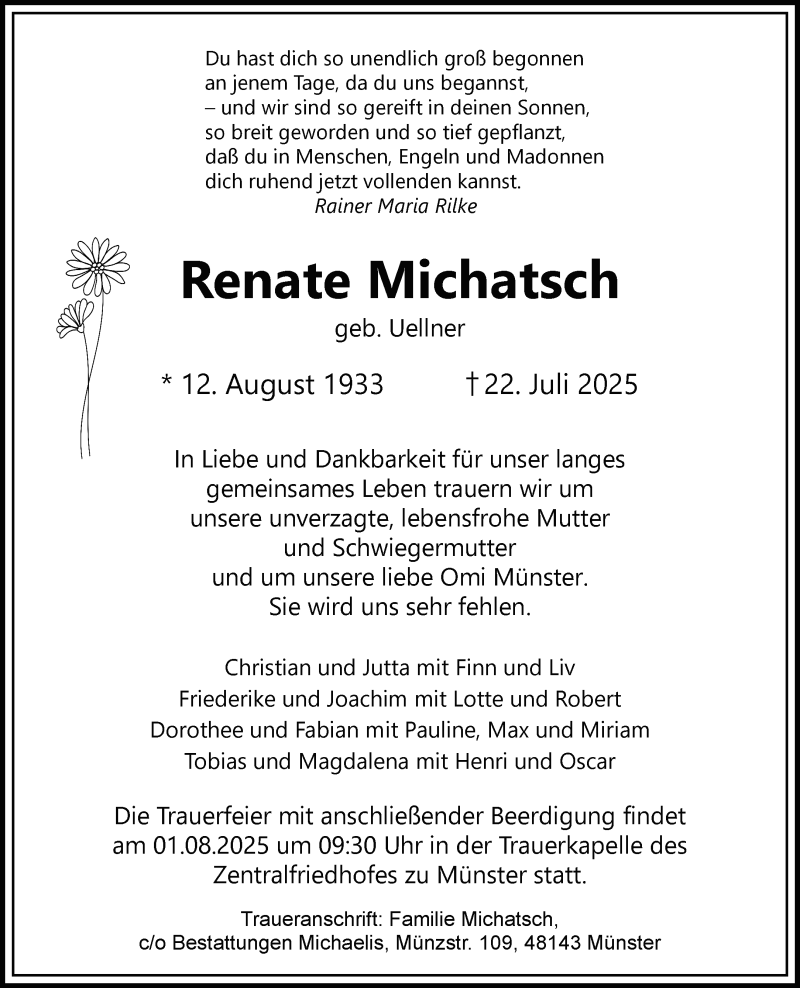  Traueranzeige für Renate Michatsch vom 26.07.2025 aus 