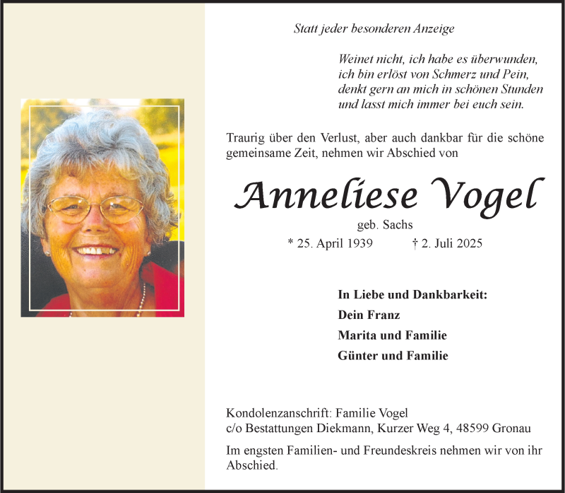 Traueranzeige für Anneliese Vogel vom 09.07.2025 aus 