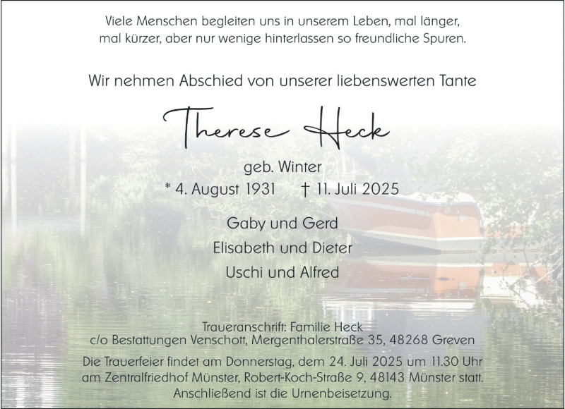  Traueranzeige für Therese Heck vom 19.07.2025 aus 