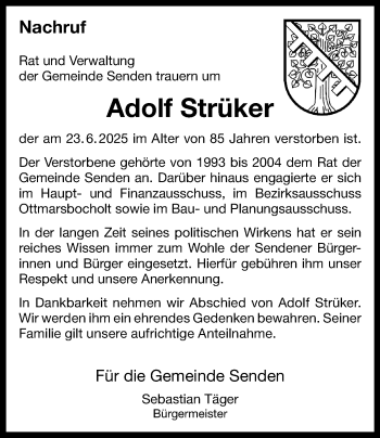 Anzeige von Adolf Strüker 