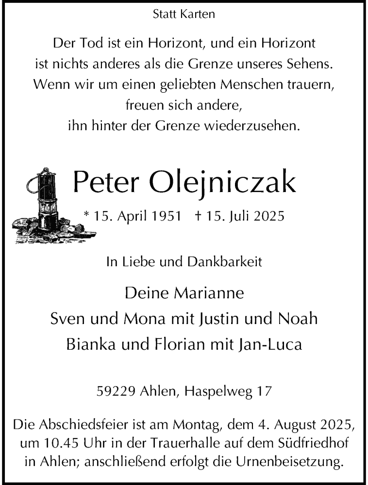  Traueranzeige für Peter Olejniczak vom 26.07.2025 aus 