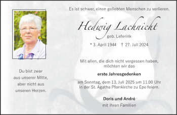 Anzeige von Hedwig Lachnicht 
