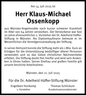 Anzeige von Klaus-Michael Ossenkopp 