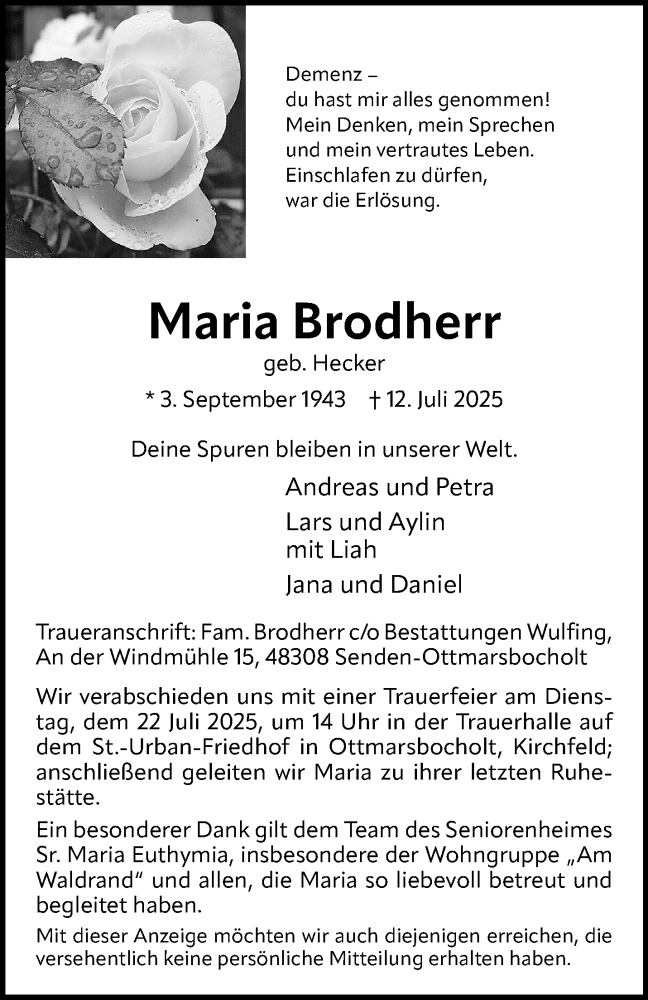  Traueranzeige für Maria Brodherr vom 19.07.2025 aus 