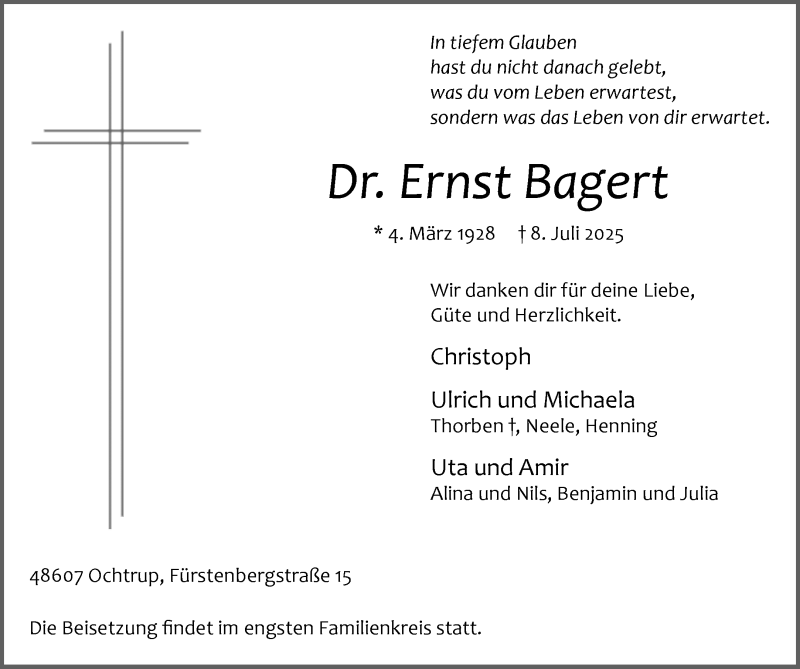  Traueranzeige für Ernst Bagert vom 10.07.2025 aus 