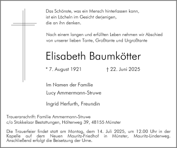 Anzeige von Elisabeth Baumkötter 