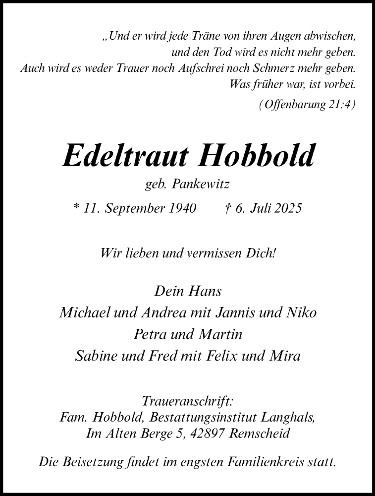 Traueranzeige für Edeltraut Hobbold vom 12.07.2025 aus 