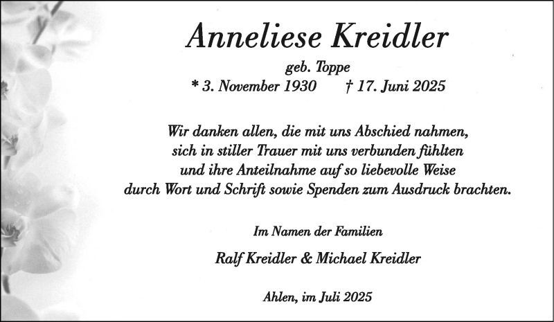  Traueranzeige für Anneliese Kreidler vom 12.07.2025 aus 
