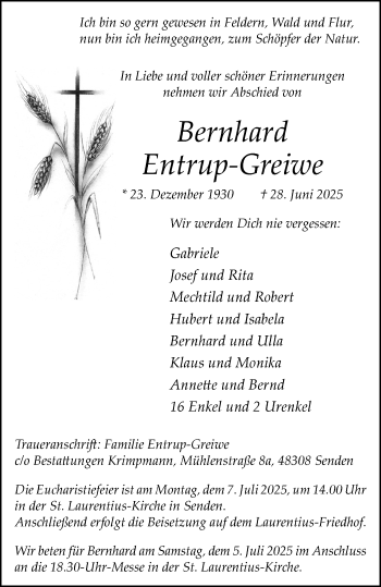 Anzeige von Bernhard Entrup-Greiwe 