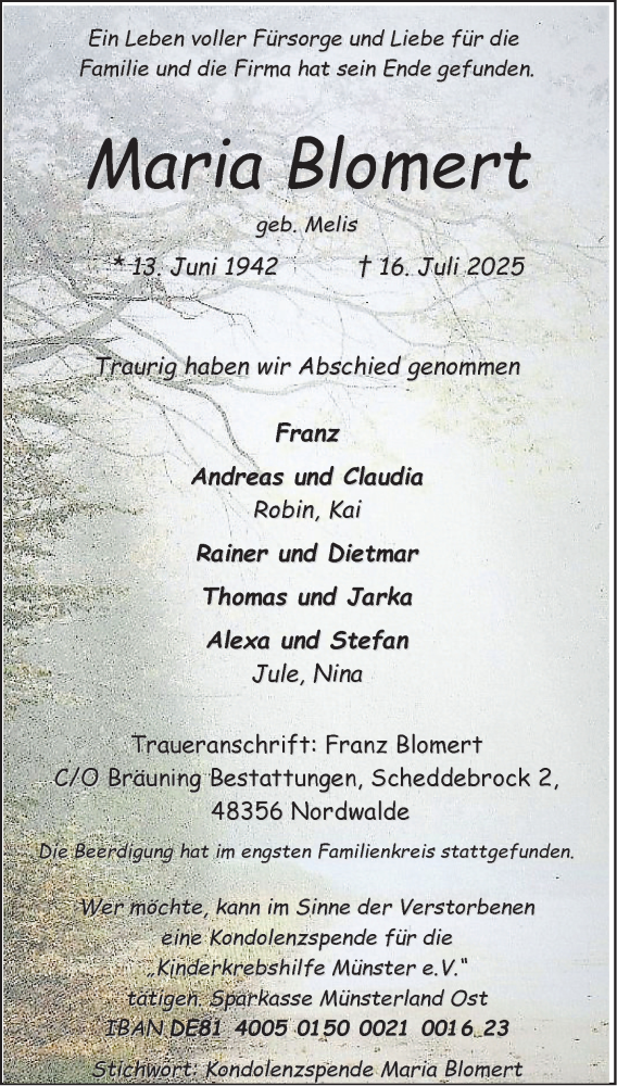  Traueranzeige für Maria Blomert vom 26.07.2025 aus 