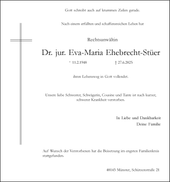 Anzeige von Dr. jur. Eva-Maria Ehebrecht-Stüer 