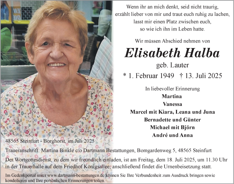  Traueranzeige für Elisabeth Halba vom 16.07.2025 aus 