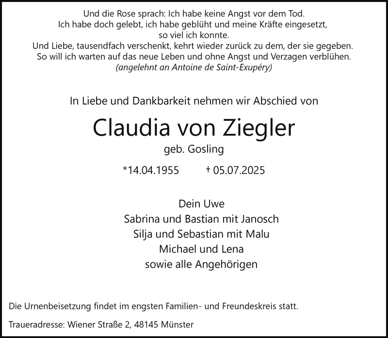  Traueranzeige für Claudia von Ziegler vom 12.07.2025 aus 