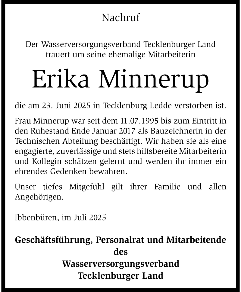  Traueranzeige für Erika Minnerup vom 11.07.2025 aus 