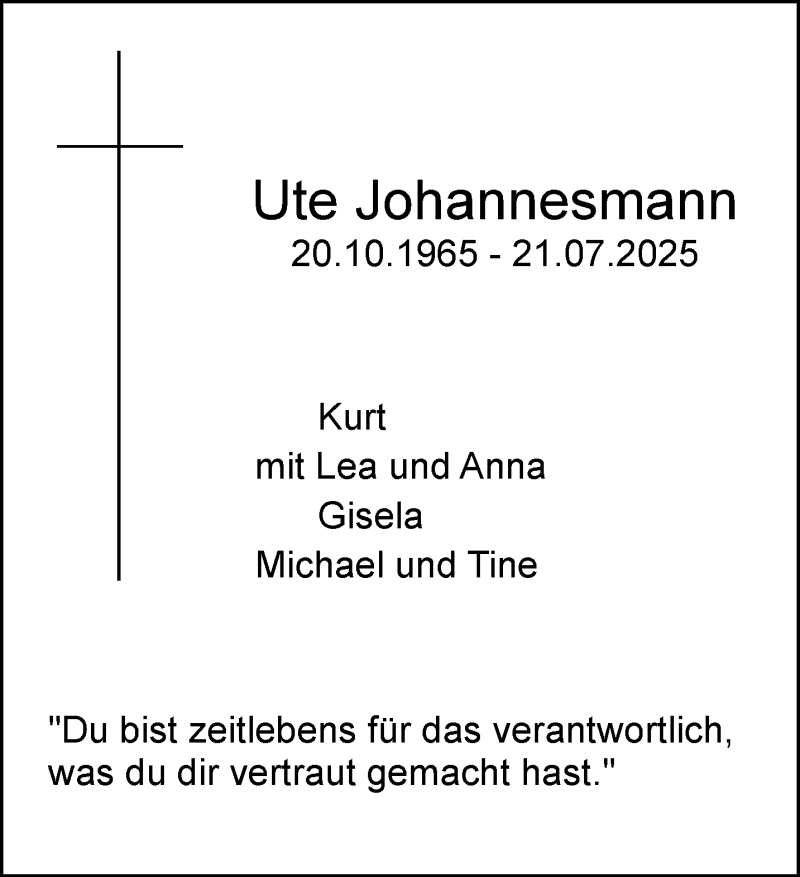  Traueranzeige für Ute Johannesmann vom 26.07.2025 aus 