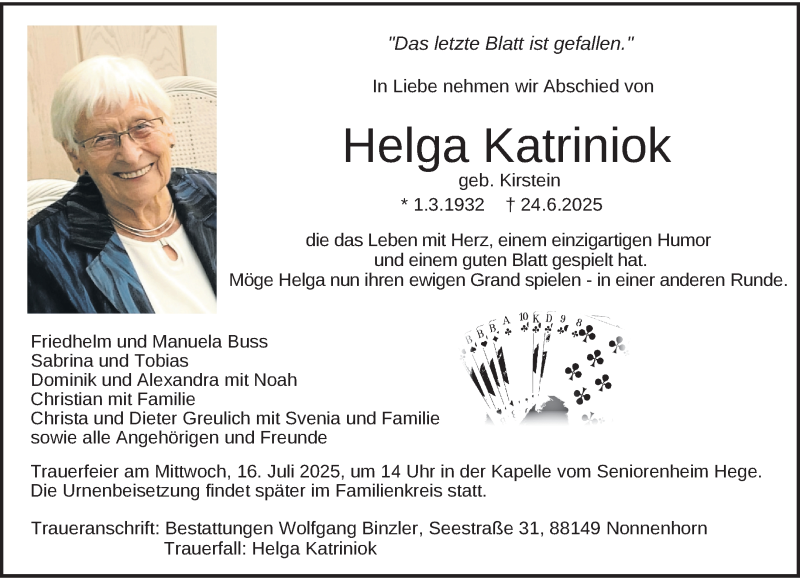  Traueranzeige für Helga Katriniok vom 05.07.2025 aus 