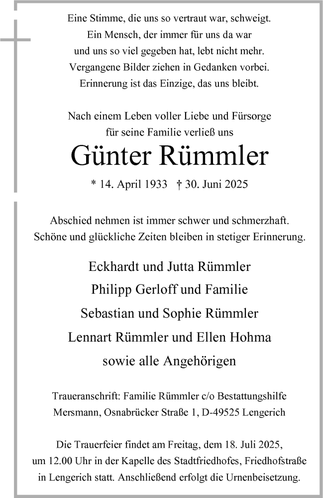  Traueranzeige für Günter Rümmler vom 12.07.2025 aus 