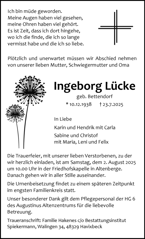  Traueranzeige für Ingeborg Lücke vom 26.07.2025 aus 
