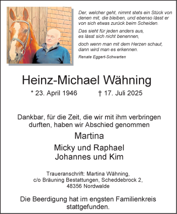 Anzeige von Heinz-Michael Wähning 