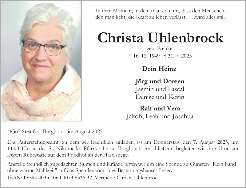  Traueranzeige für Christa Uhlenbrock vom 06.08.2025 aus 