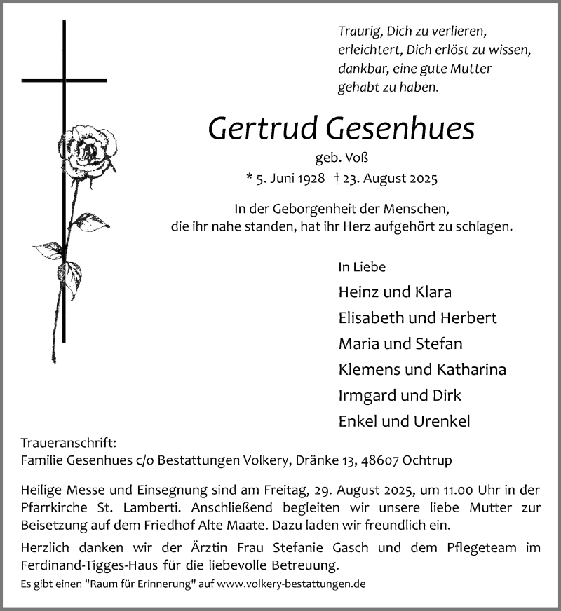  Traueranzeige für Gertrud Gesenhues vom 26.08.2025 aus 