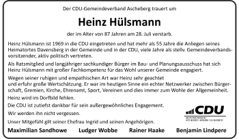 Anzeige von Heinz Hülsmann 
