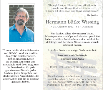 Anzeige von Hermann Lütke Wissing 