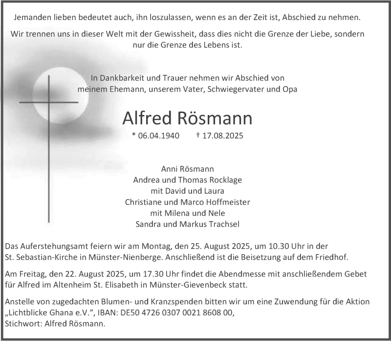  Traueranzeige für Alfred Rösmann vom 20.08.2025 aus 
