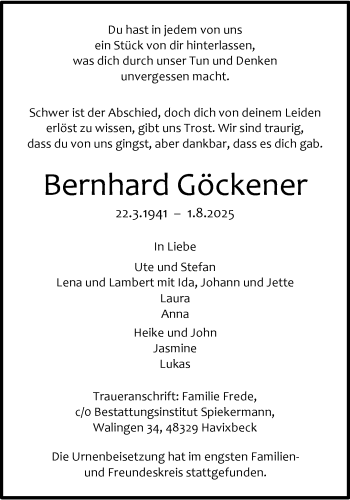 Anzeige von Bernhard Göckener 