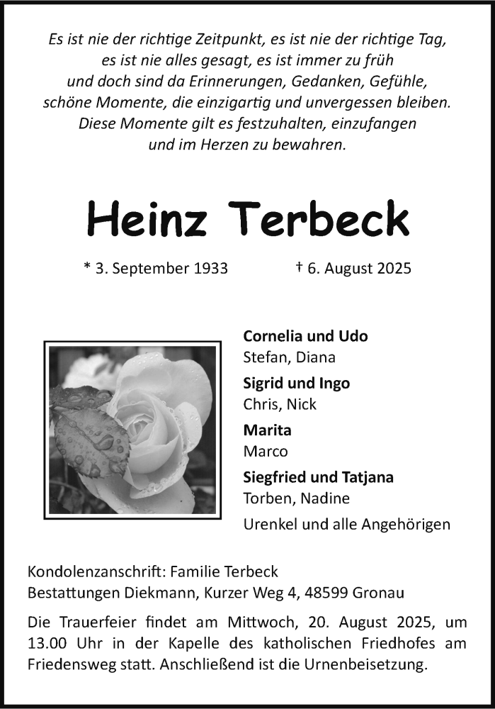  Traueranzeige für Heinz Terbeck vom 13.08.2025 aus 