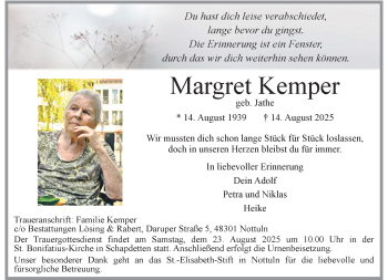 Anzeige von Margret Kemper 