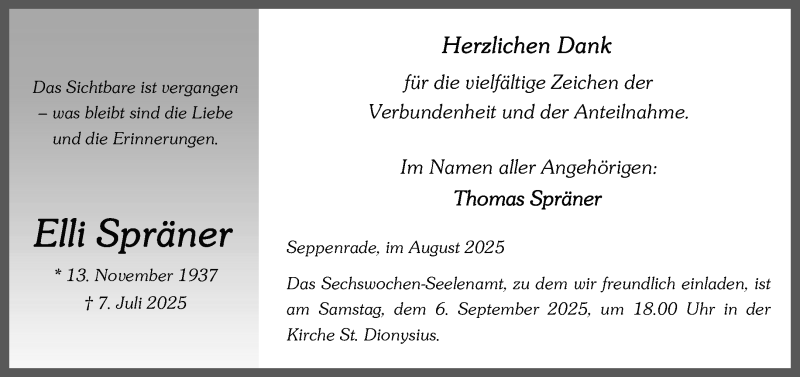  Traueranzeige für Elli Spräner vom 30.08.2025 aus 