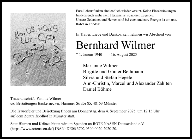  Traueranzeige für Bernhard Wilmer vom 30.08.2025 aus 