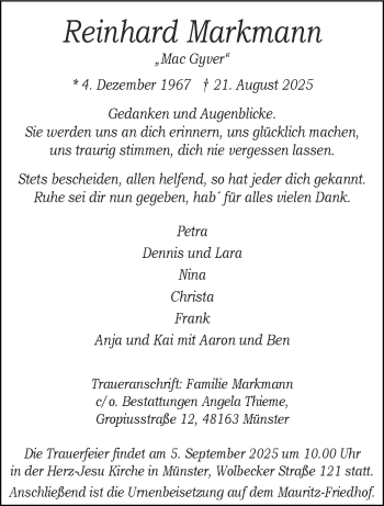 Anzeige von Reinhard Markmann 