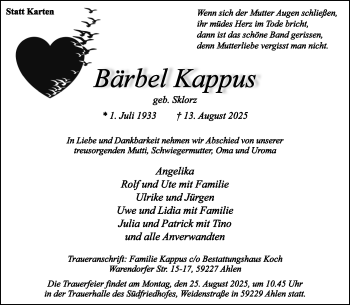 Anzeige von Bärbel Kappus 